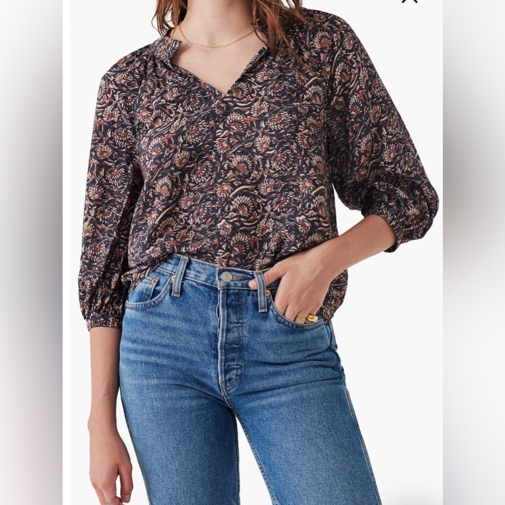 FAHERTY Portia Peasant Boho Blouse Top in Artisan Block Print,XS,Floral Bohemian